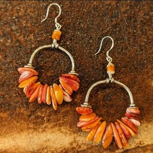 Orange Spiny Oyster Sterling Silver Handmade Hoop Earrings-OAK